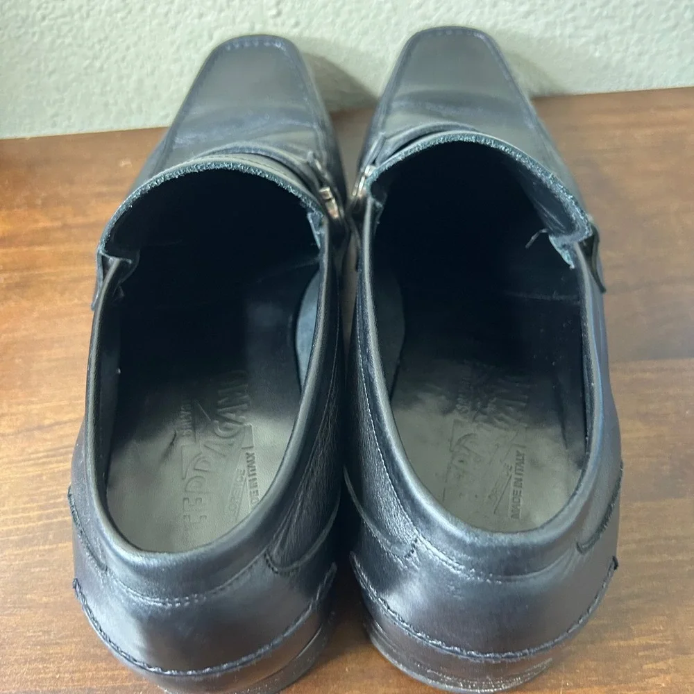 Salvatore Ferragamo Loafers 10 EE Mens Black Leather Gancini Square‎ Toe Italy